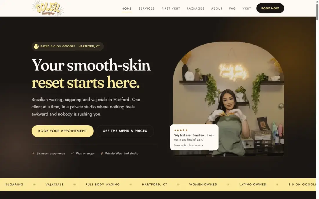Screenshot of the Soleil Beauty Bar website